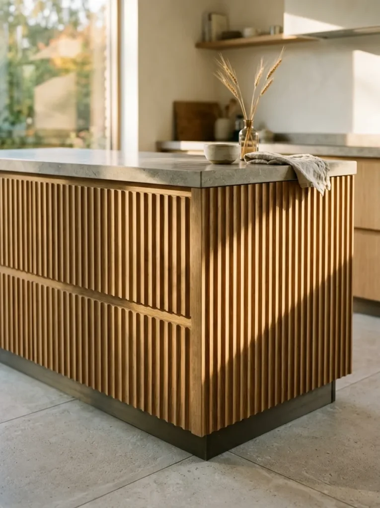 Kitchen island with fluted solid oak exterior panels casting directional shadow in afternoon light