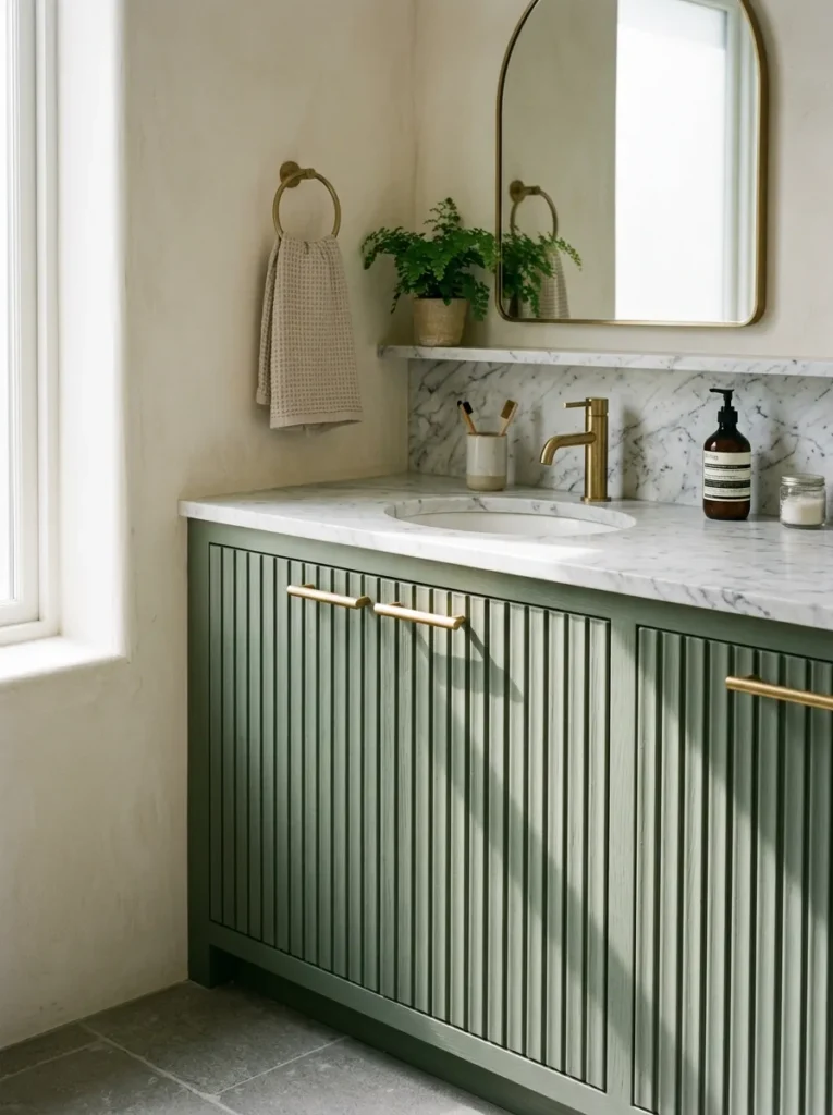 Sage green bathroom vanity with vertical fluted door panels, brass bar pulls, and marble counter
