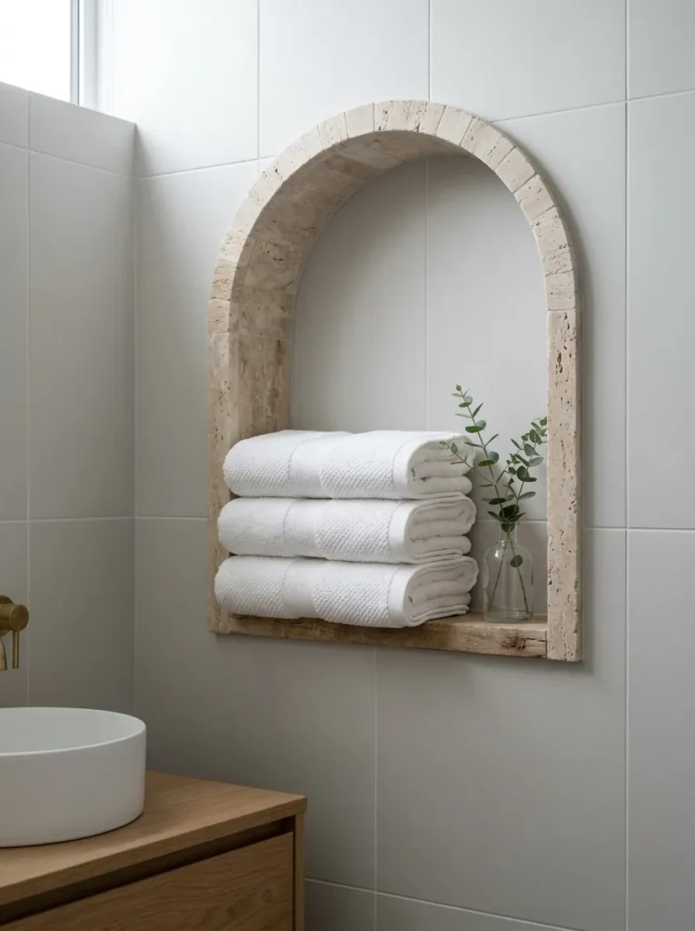 Neatly folded white towels stacked in a stone bathroom wall niche with a small eucalyptus sprig in a glass vase
