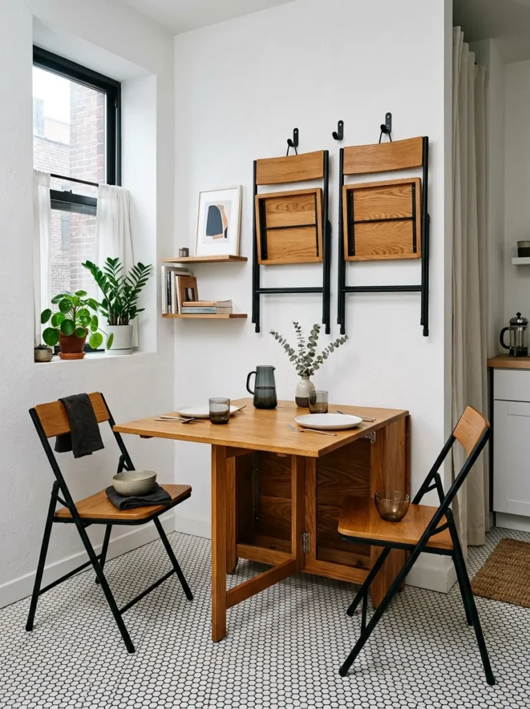 Folding wooden dining table with two folding chairs mounted on wall hooks in a studio apartment