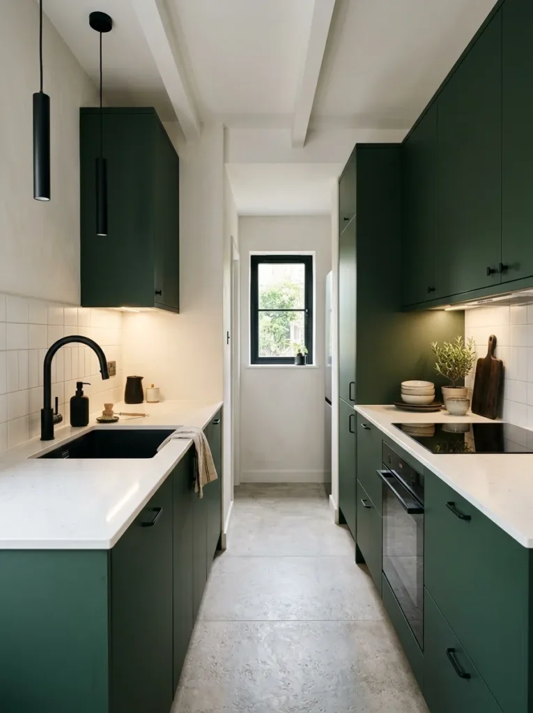 Compact galley kitchen with deep forest green flat-panel cabinets, white quartz countertop, and matte black fixtures
