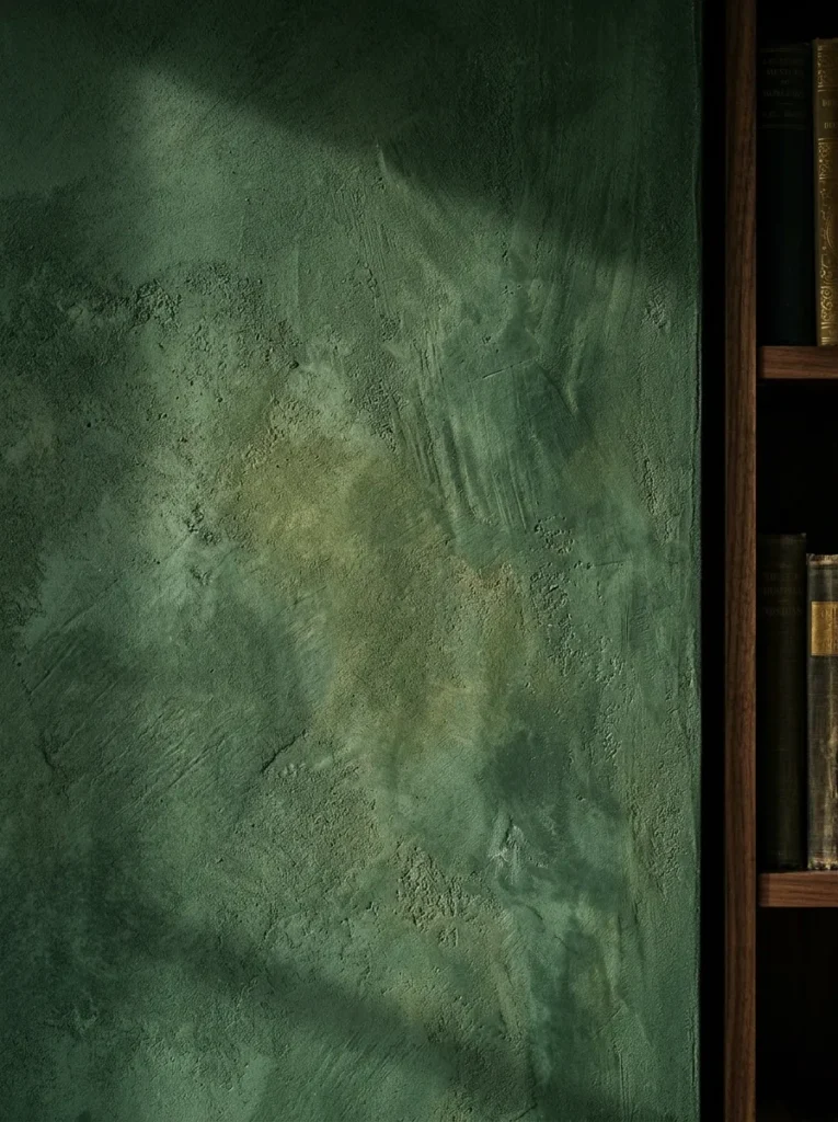 Close-up of a deep forest green limewash wall showing natural tonal variation and chalky texture under raking natural light

