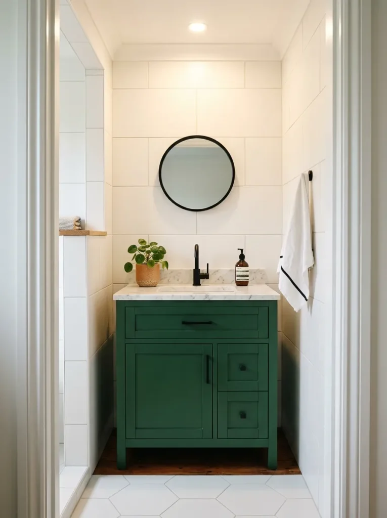 Forest green vanity with white marble counter and black faucet in a small all-white tiled bathroom
