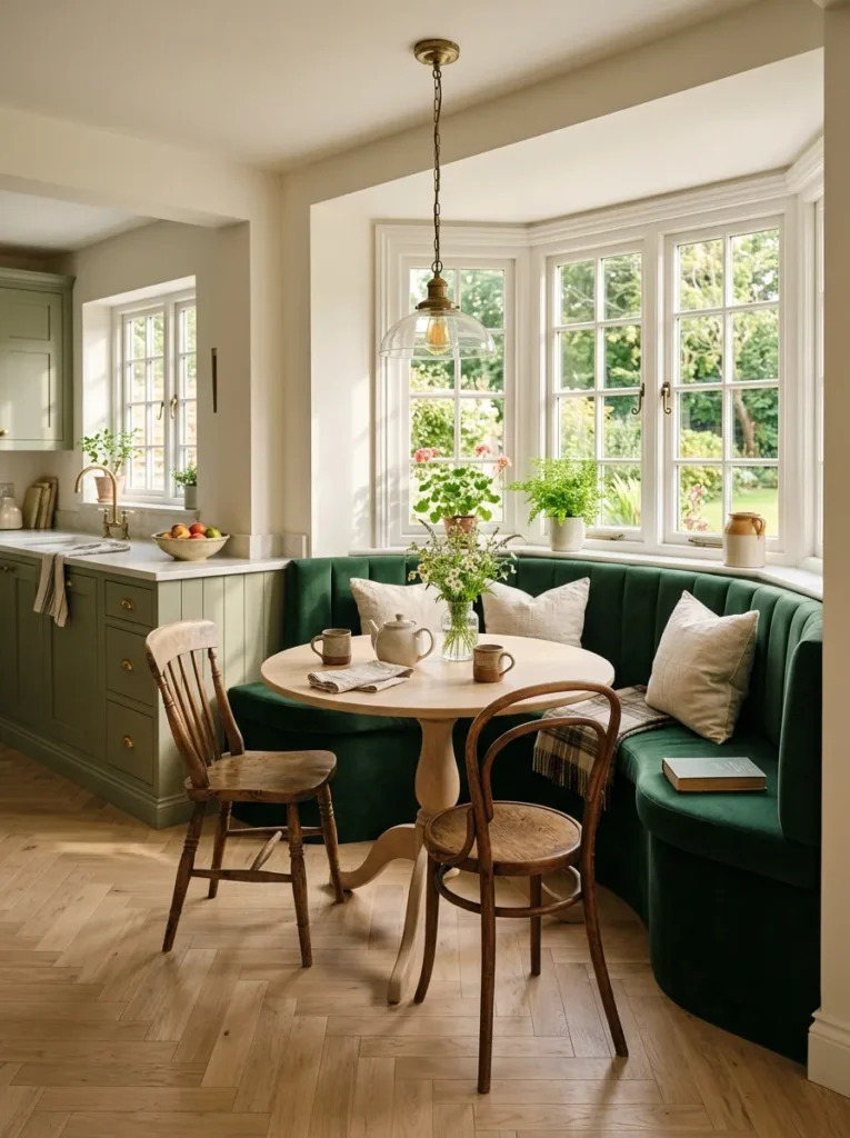 Deep forest green velvet built-in banquette in a bay window breakfast nook with a round oak table and brass pendant light
