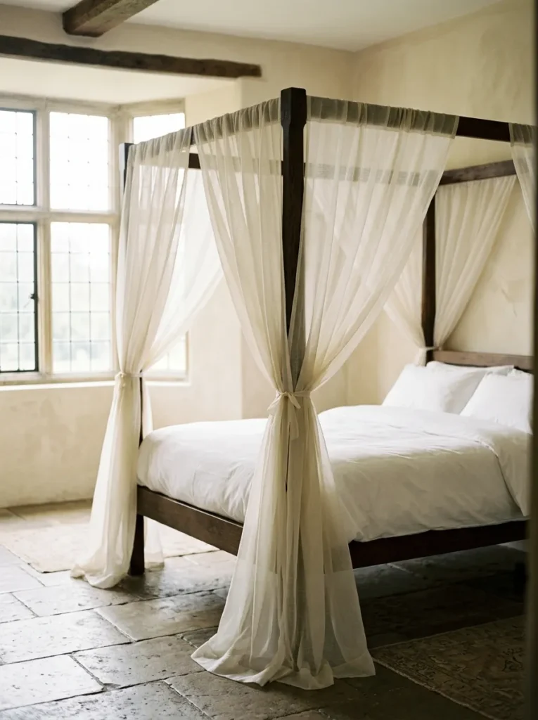 Four-poster bed with ivory sheer organza drapes gathered softly at the posts in a romantic bedroom