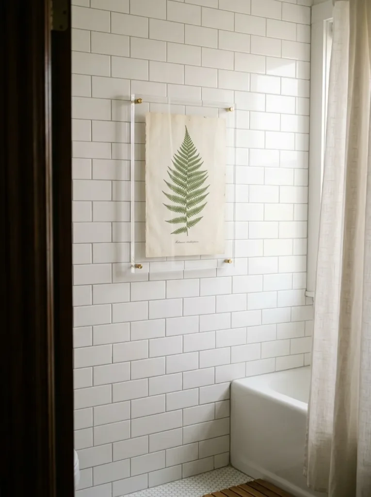 Single framed botanical print in an acrylic waterproof frame on a white subway tile bathroom wall opposite the bath in soft afternoon light