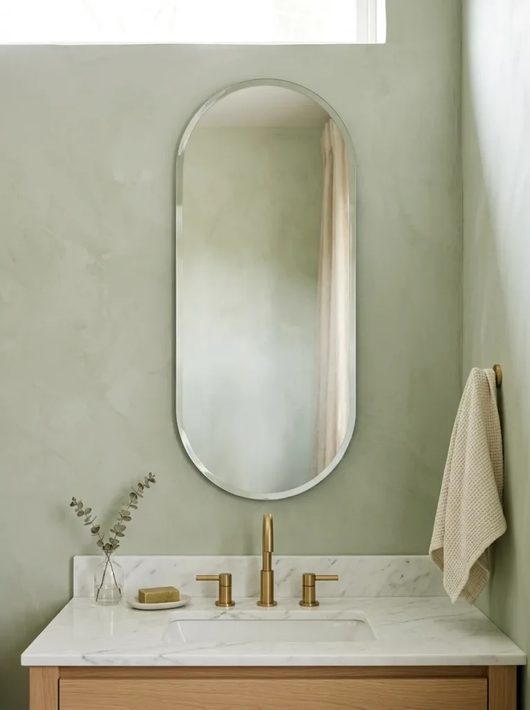 Tall narrow frameless pill-shaped mirror with beveled edge on a sage green limewash plaster wall above a white stone vanity
