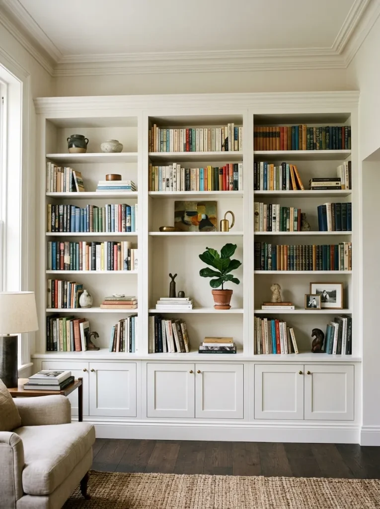 Three freestanding white bookcases styled to look like a built-in with continuous crown molding, matching paint color, and a base plinth board across all units
