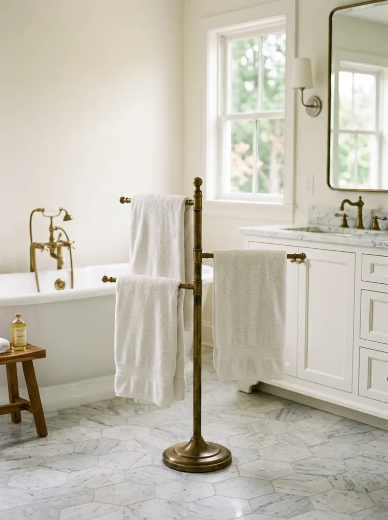 Aged brass freestanding towel stand with three white bath towels on separate arms, positioned between a soaking tub and vanity on pale marble floor tile
