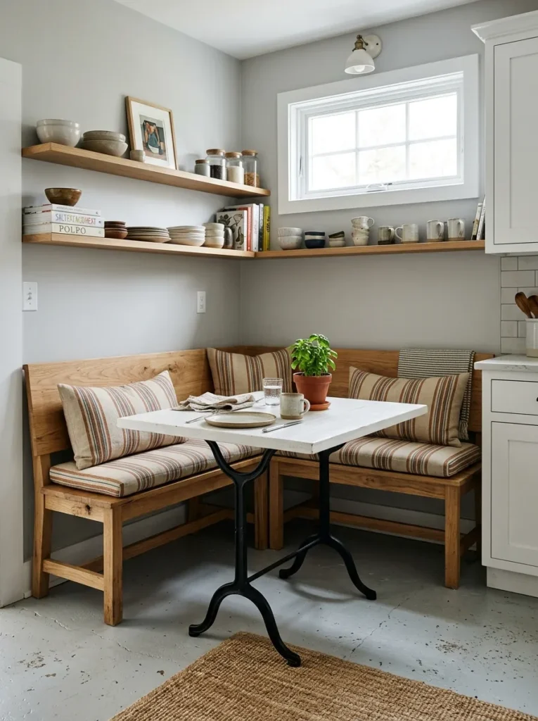 Two freestanding wood benches arranged in a corner with a square white table and striped linen cushions