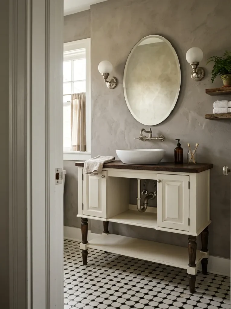 Off-white furniture-style freestanding vanity with turned legs, vessel sink, and exposed brushed nickel P-trap

