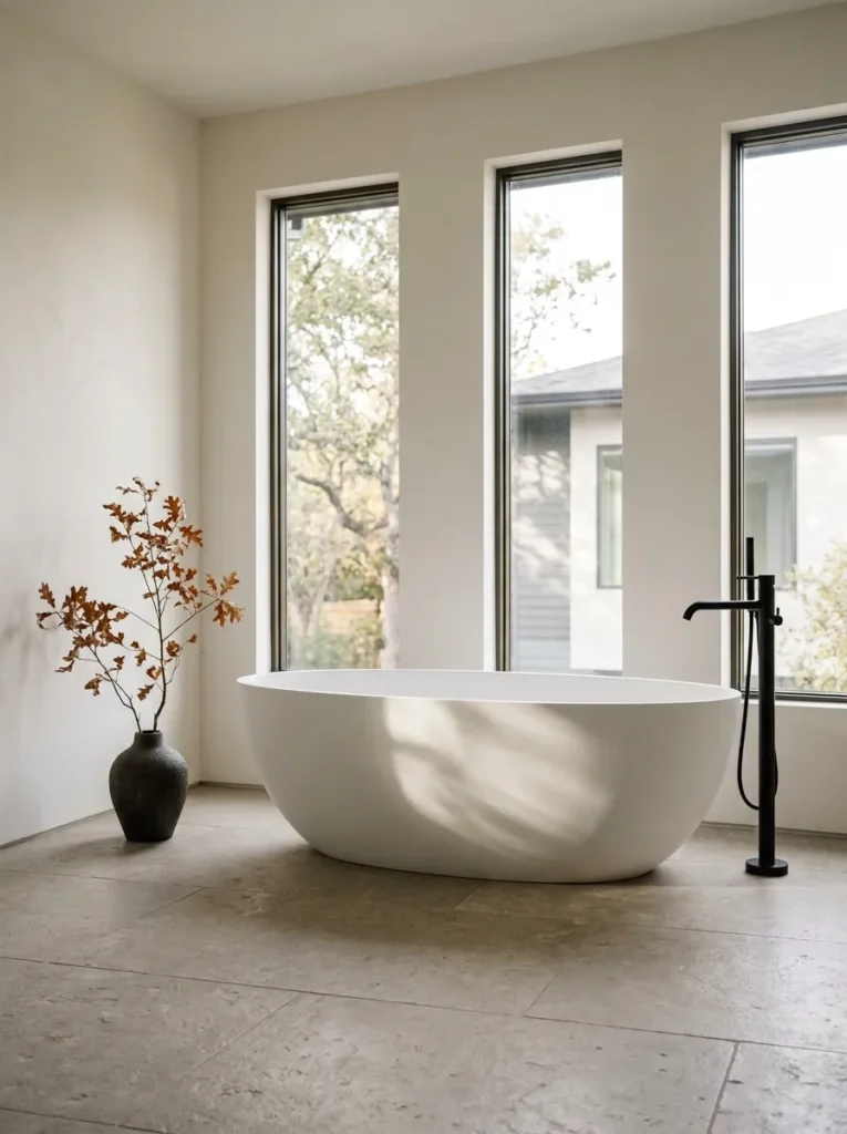 Freestanding matte stone resin soaking tub positioned away from the wall as a room centerpiece