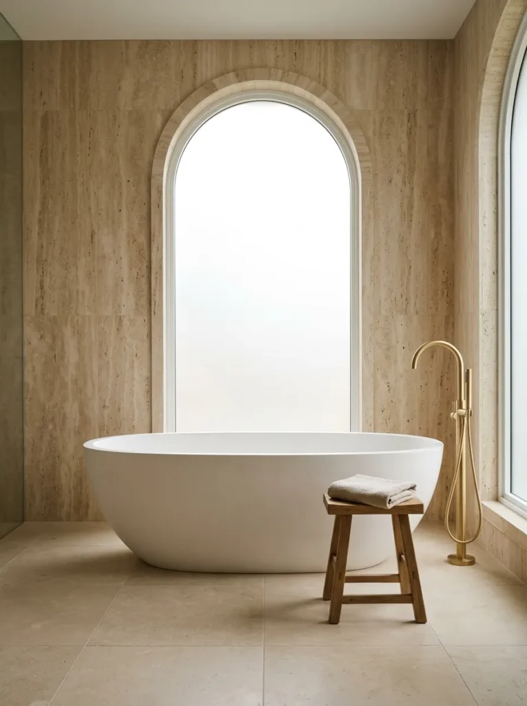 Matte stone-resin freestanding soaking bath centred in a bathroom with travertine walls, floor-mounted brushed gold taps and arched frosted window behind