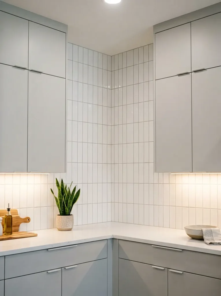 L-shaped kitchen with a vertical stack-bond white subway tile backsplash extending from counter to ceiling
