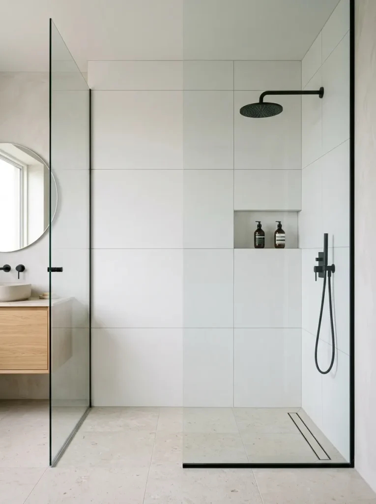 Full-height large-format matte white tile on a shower wall from floor to ceiling with fine grey grout, matte black showerhead, pale limestone floor
