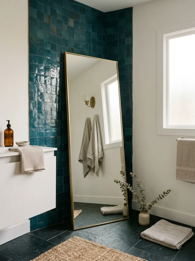 Full-length leaner mirror with thin brass frame propped against a zellige tiled bathroom wall, reflecting a frosted window
