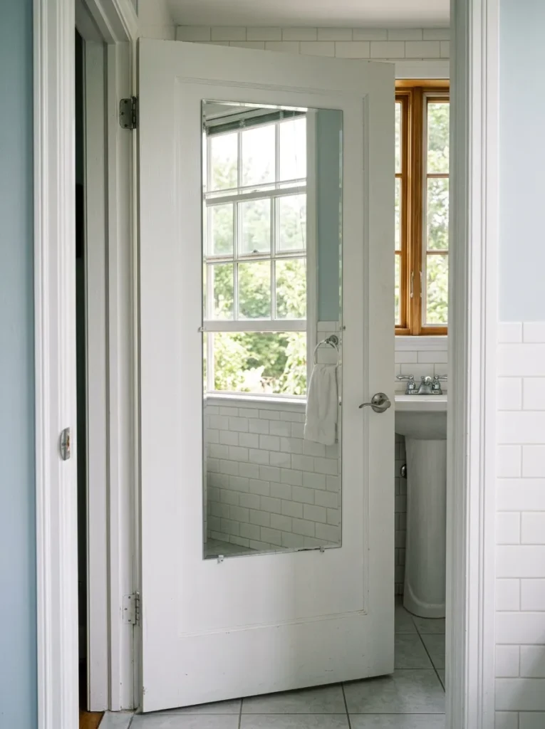 Frameless full-length mirror mounted on the back of a white apartment bathroom door on adhesive strips, reflecting the room window