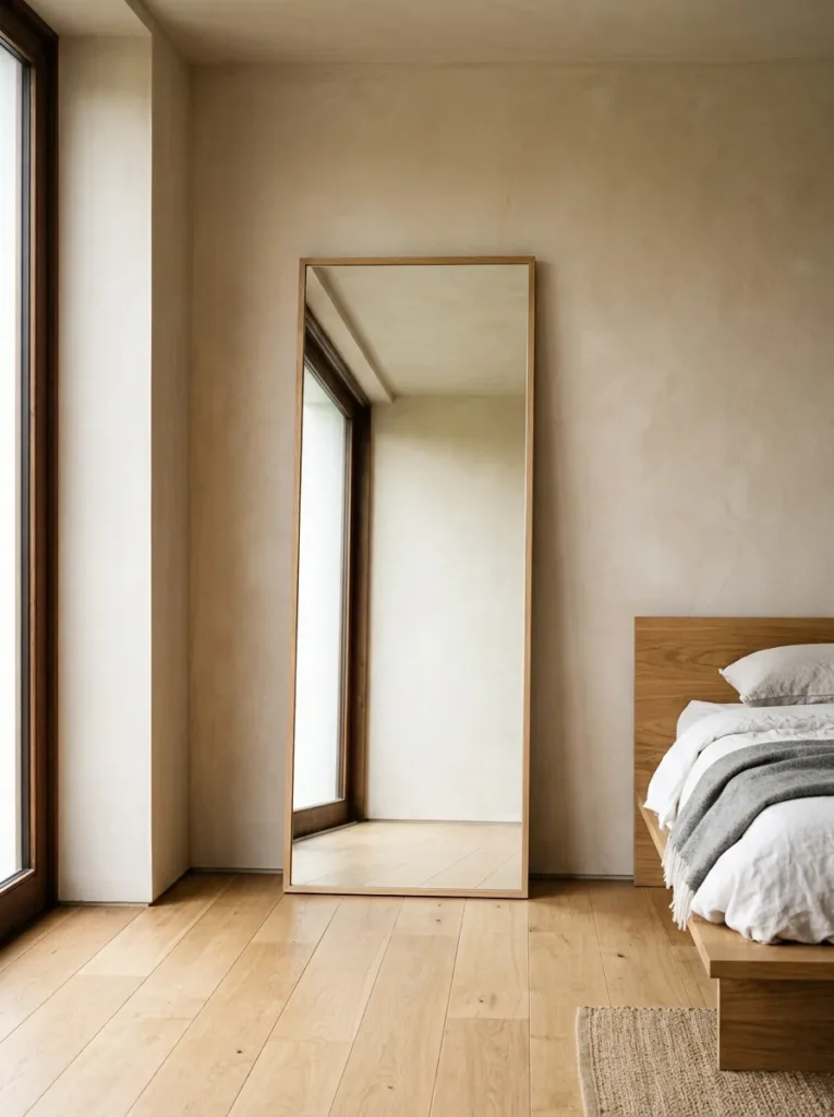 Full-length mirror with thin oak frame leaning against a wall, reflecting the natural light from an opposite window in a minimal bedroom