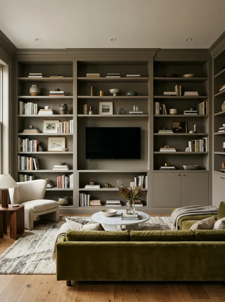 Full living room wall covered in a continuous floor-to-ceiling built-in with TV section, open shelving, and closed cabinetry all in a unified warm greige
