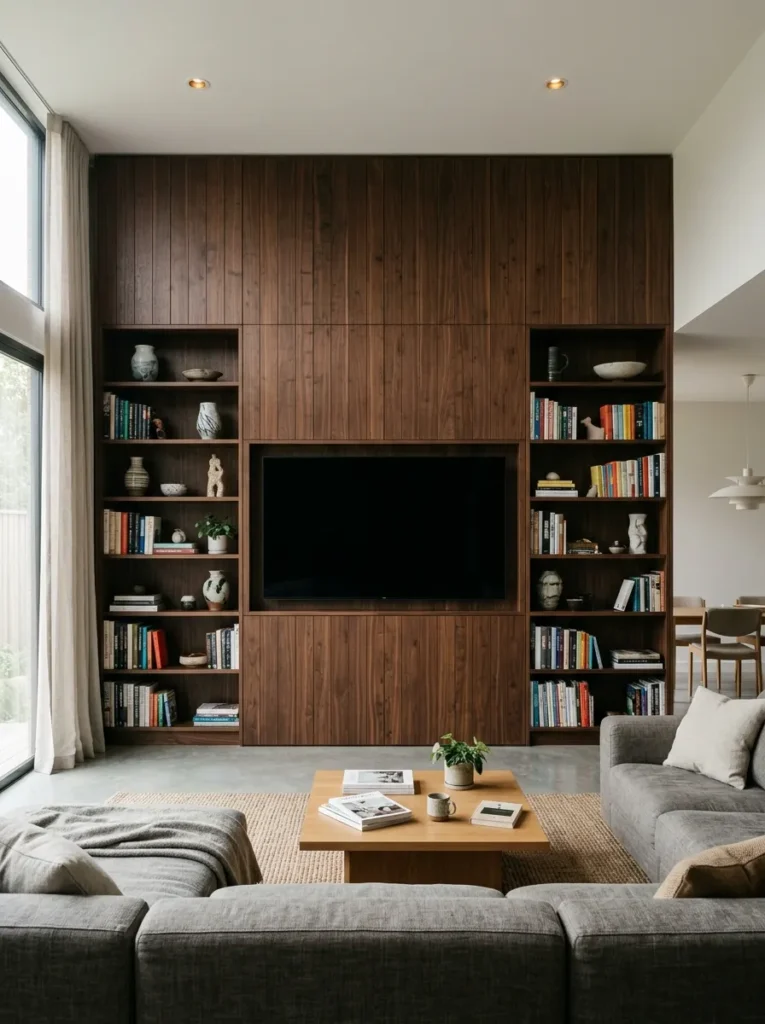 Full-width walnut timber media wall spanning the entire living zone with built-in shelves and a recessed screen at eye height
