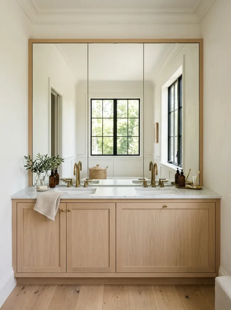 Full-width mirrored cabinet spanning the entire vanity wall in a small bathroom