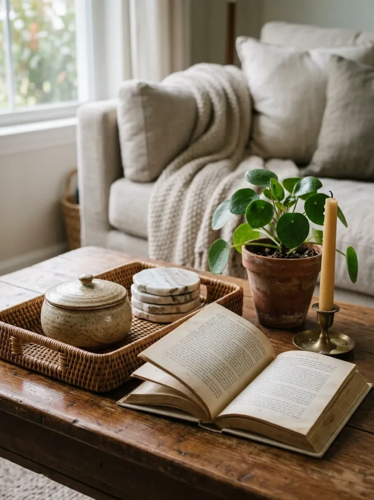 Coffee table arrangement integrating a lidded ceramic box, marble coasters, and an open book alongside a plant and candle in a lived-in setting

