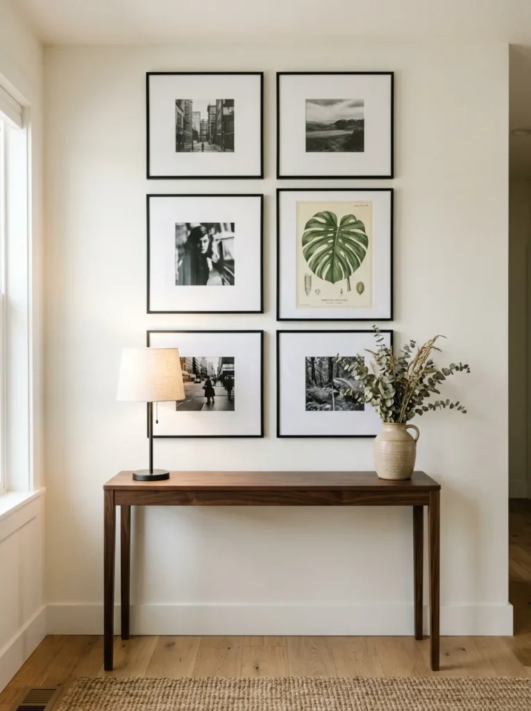 Six black-framed photos and prints in a gallery arrangement above a dark console table, the gallery aligned to the table's width
