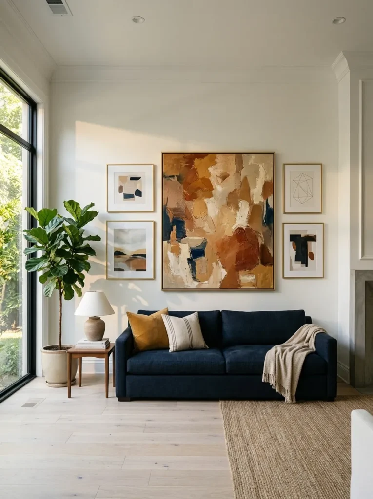 Asymmetric gallery wall in a luxury living room centered on a large abstract canvas anchor piece