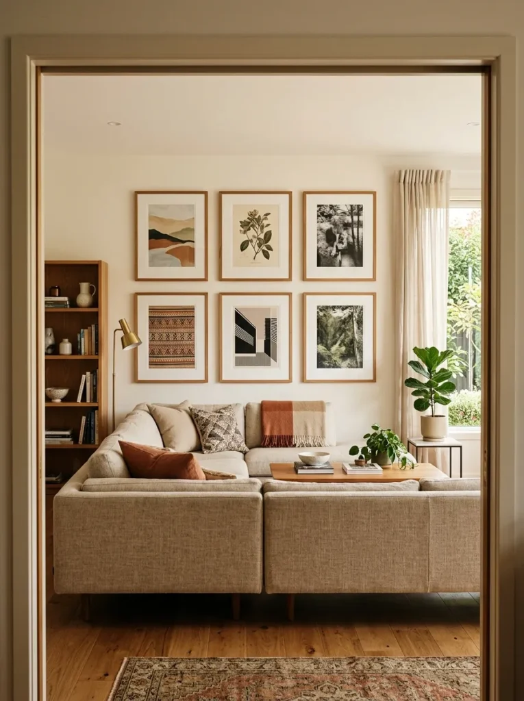 Gallery wall of six framed prints in natural timber frames above the back of a floating sectional, with clear separation between sofa top and art
