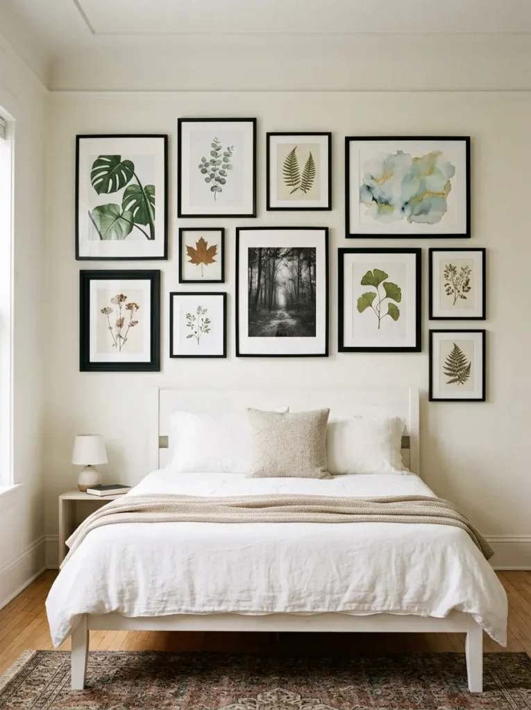 Bedroom gallery wall with all-black frames in varied sizes holding botanical prints, watercolour, and photographs above a white bed
