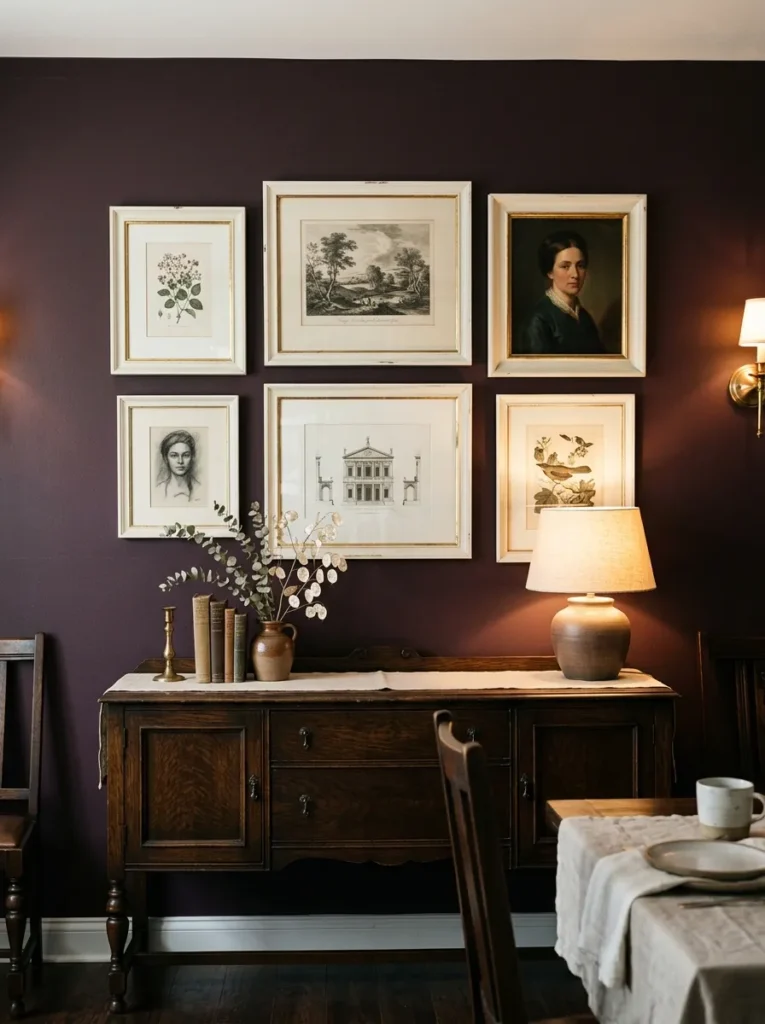 Six framed artworks in cream and antique white frames arranged on a deep plum dining room wall above a sideboard, lit by a wall sconce
