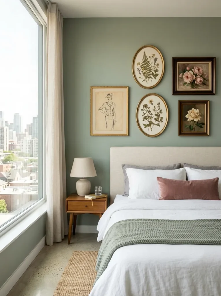Gallery wall of pressed botanical specimens and vintage fashion illustrations in gilt frames