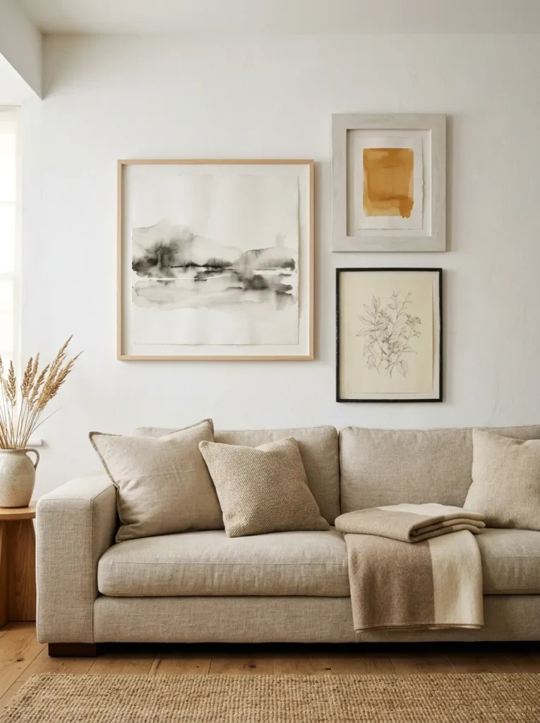 Gallery wall of neutral-palette artwork in mixed ash, plaster, and dark iron frames above a linen sofa in a white living room
