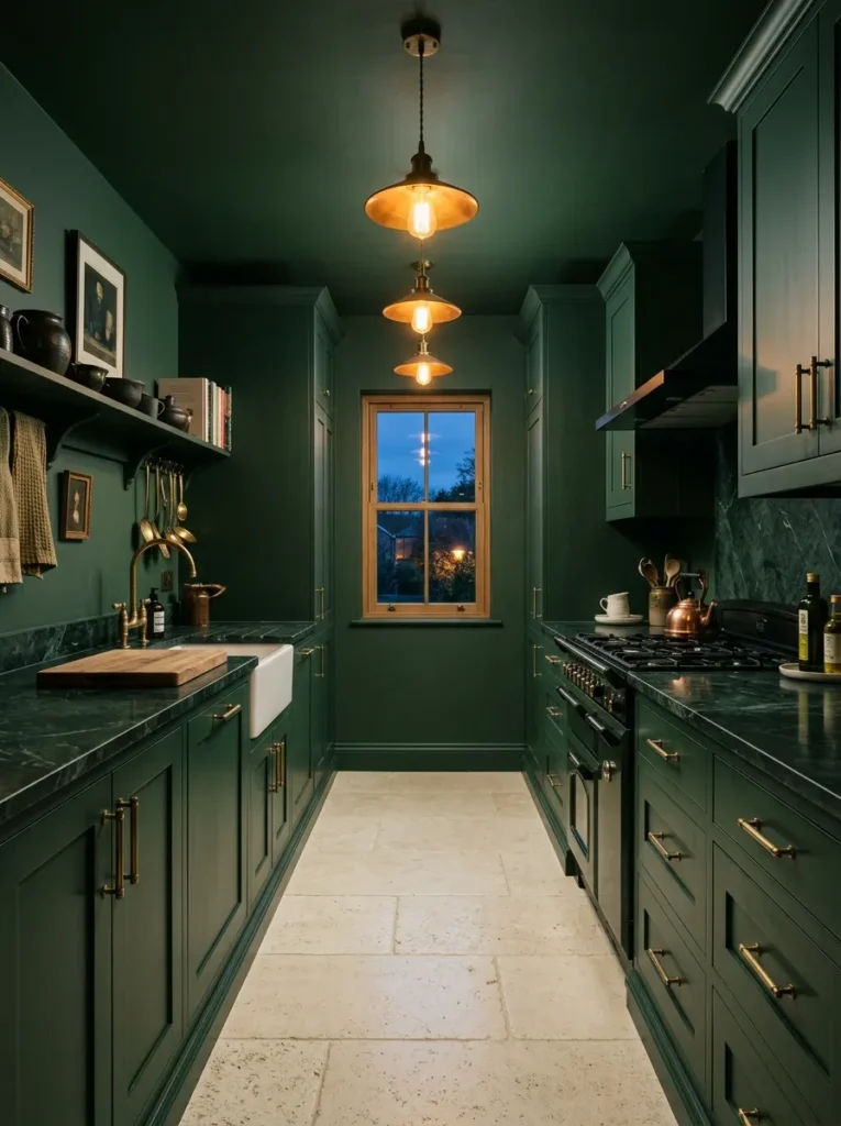 Galley kitchen entirely in deep forest green with matching cabinet fronts, dark marble countertop, aged brass hardware, and warm pendant lighting at dusk
