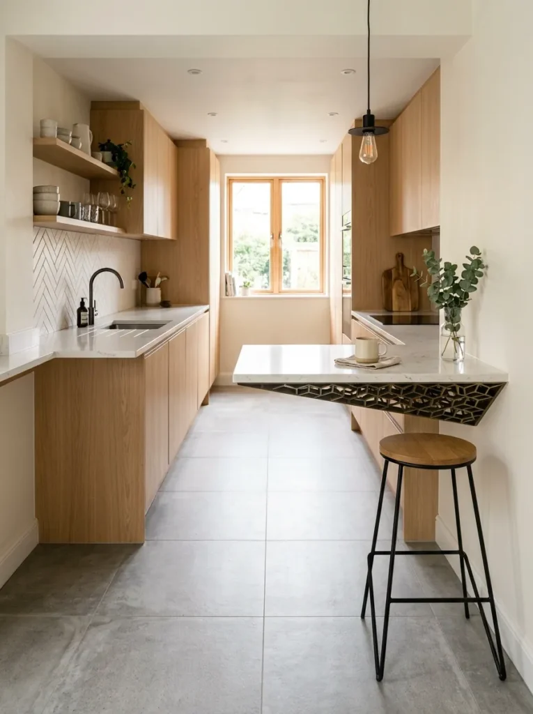 Open end of a galley kitchen where the white quartz countertop extends into a cantilevered breakfast ledge with two black metal bar stools
