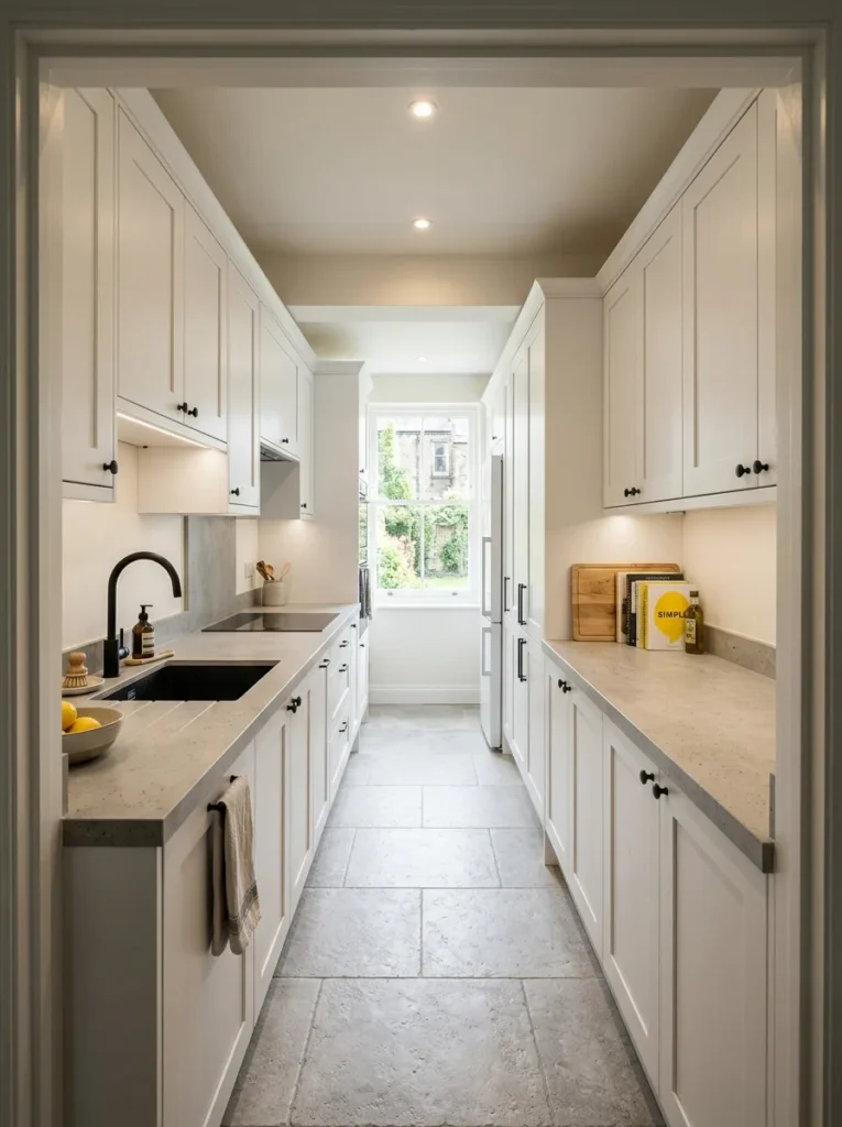 Galley kitchen with matching pale concrete-effect quartz countertops on both cabinet runs, viewed from the open end showing the unified surface across both walls
