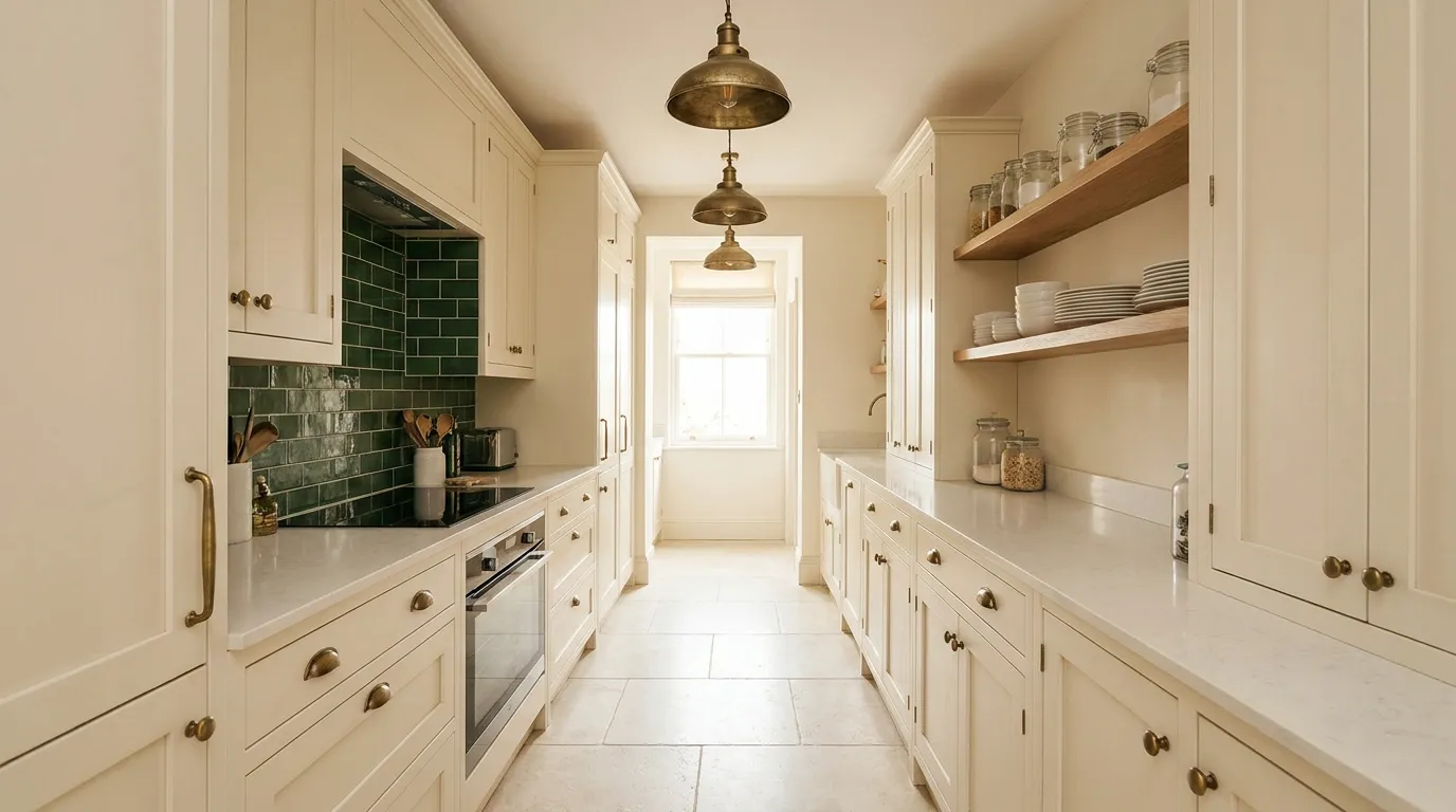 Narrow galley kitchen viewed from one end showing cream floor-to-ceiling cabinets, aged brass pendant lights, open shelving, and a forest green tiled backsplash