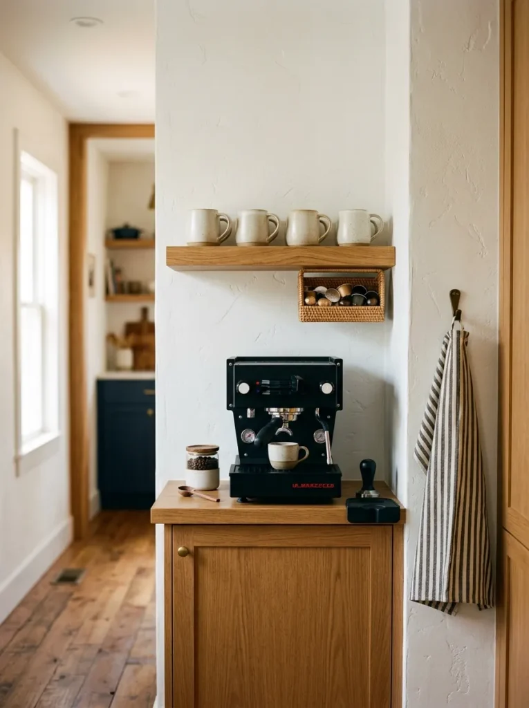 Galley kitchen end wall styled as a coffee station with an espresso machine, floating shelf holding ceramic mugs, and a linen tea towel hook
