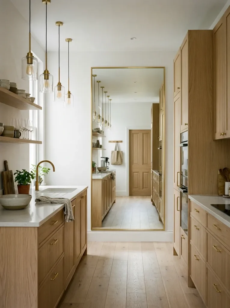 Galley kitchen end wall with a large framed mirror panel reflecting the full corridor, pendant lights, and window behind, doubling the apparent kitchen depth
