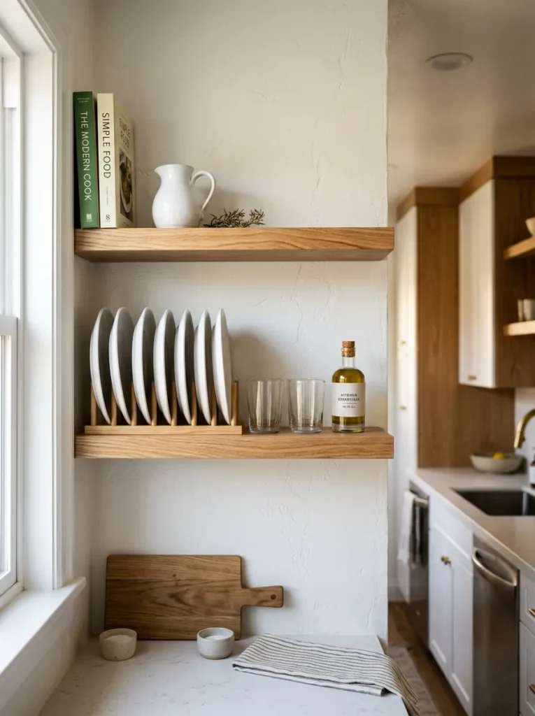 Two floating oak shelves on a white wall in a galley kitchen holding an edited display of ceramic plates, glasses, and cookbooks
