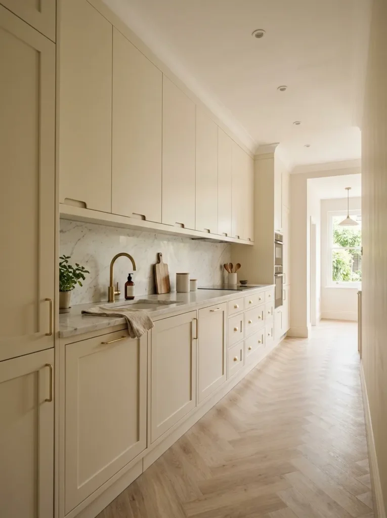 One wall of a galley kitchen showing floor-to-ceiling ivory cabinetry with no gap above, eliminating the space between standard upper cabinets and the ceiling
