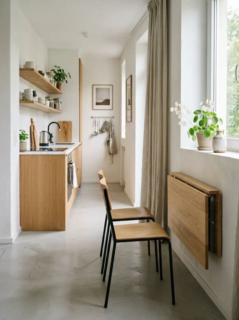 Wall-mounted fold-down ash timber dining table extended at the open end of a galley kitchen with two slim metal chairs and the kitchen corridor visible behind
