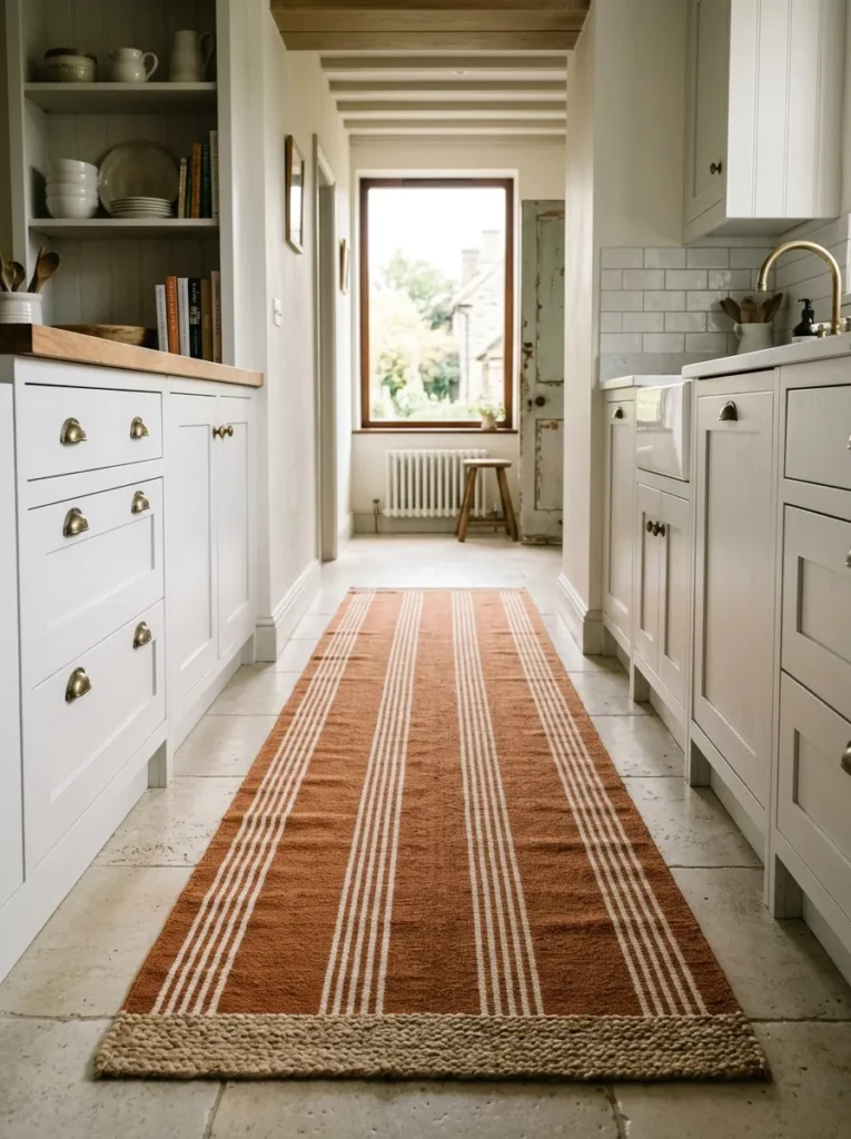 Low-angle view down a galley kitchen corridor showing a long rust and cream striped cotton runner rug defining the walking zone between cabinet bases
