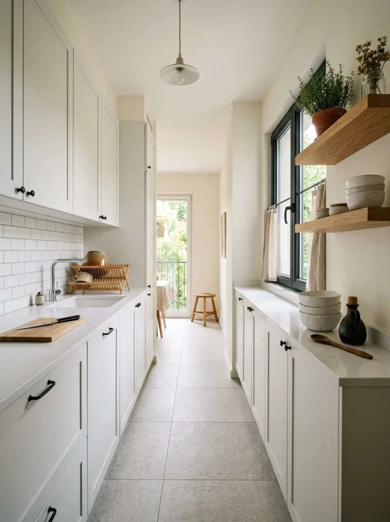 Galley kitchen with upper cabinets on one wall and open oak shelves on the opposite wall, showing the contrast in visual openness between the two sides
