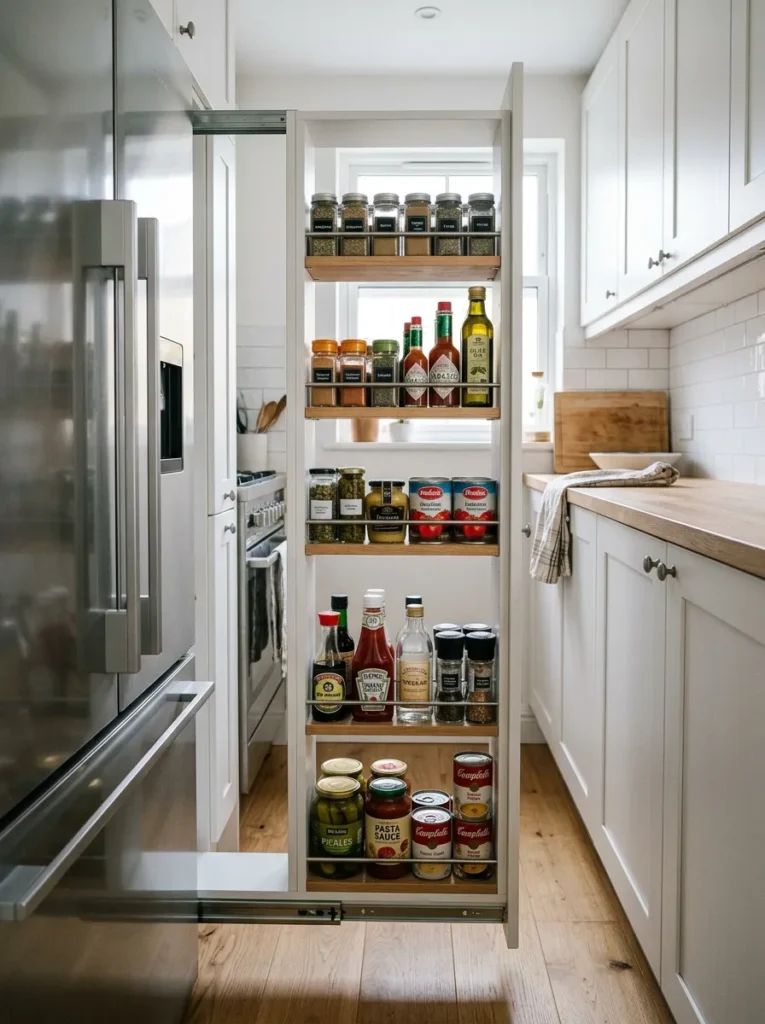Slimline pull-out pantry unit extended from between a refrigerator and base cabinet in a galley kitchen, showing five shelves of spice jars and canned goods
