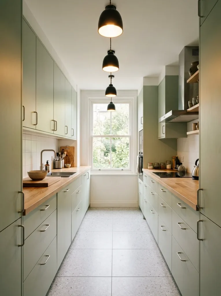Galley kitchen viewed from one end showing a row of four small black ceramic pendant lights hanging at regular intervals above the corridor between sage green cabinets
