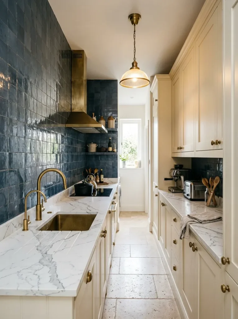 Galley kitchen with a deep slate-blue zellige tile wall on one side contrasting against pale cream cabinets on the opposite wall
