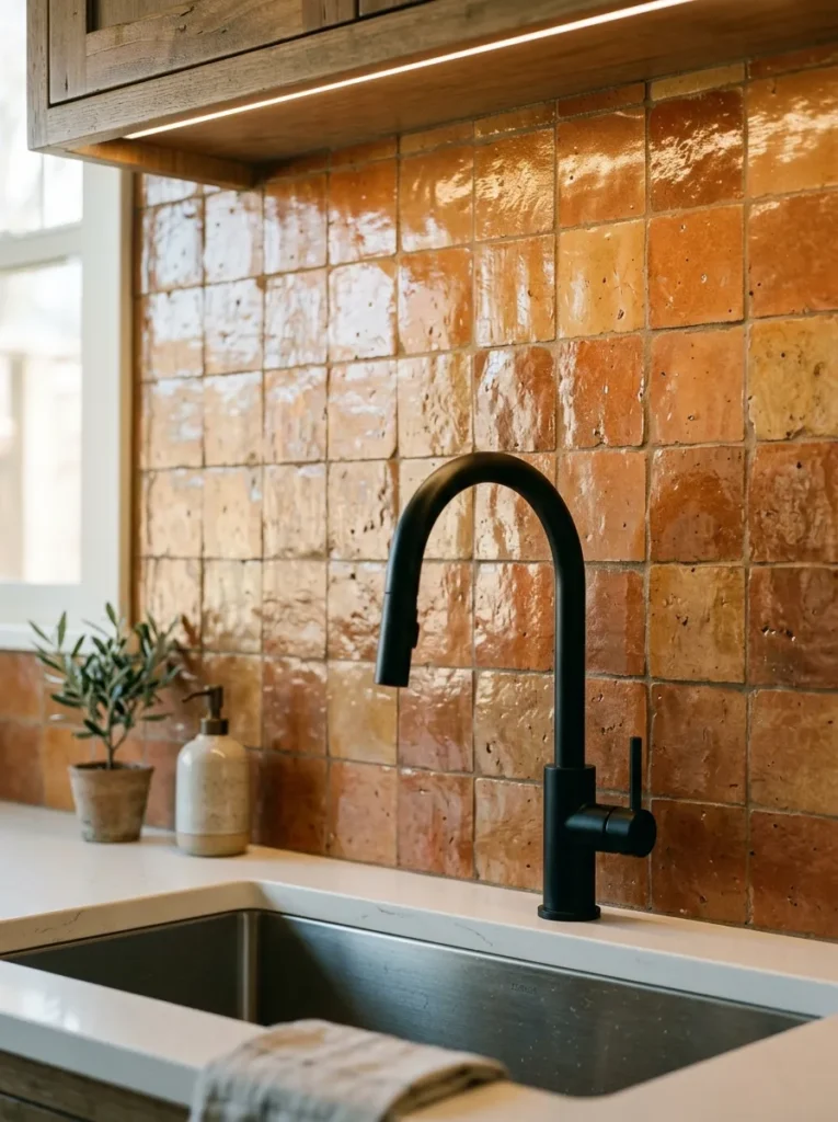 Close view of a full-height terracotta zellige tile backsplash in a galley kitchen, lit by under-cabinet lighting that highlights the irregular glaze texture
