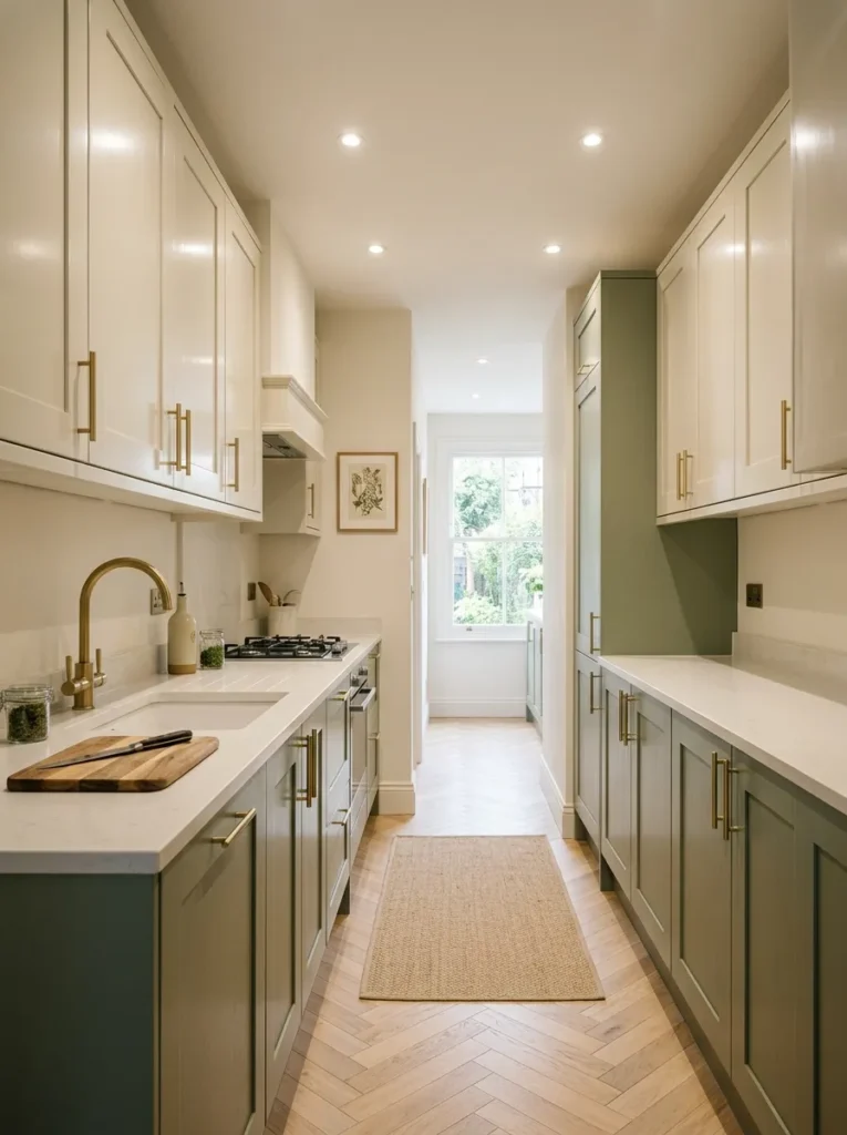 Galley kitchen with two-tone cabinetry showing sage lower cabinets and pale cream semi-gloss upper cabinets with brushed gold hardware
