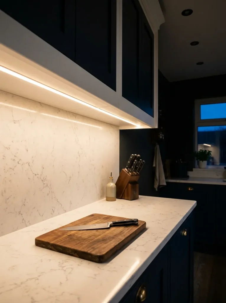 Under-cabinet LED strip lighting casting warm light onto a quartz countertop in a galley kitchen at dusk, with a chopping board visible in the illuminated zone
